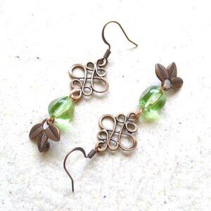 Feminine Copper Celtic Knot Filigree & Leaf Dangle Earrings ~ Spring + Fall